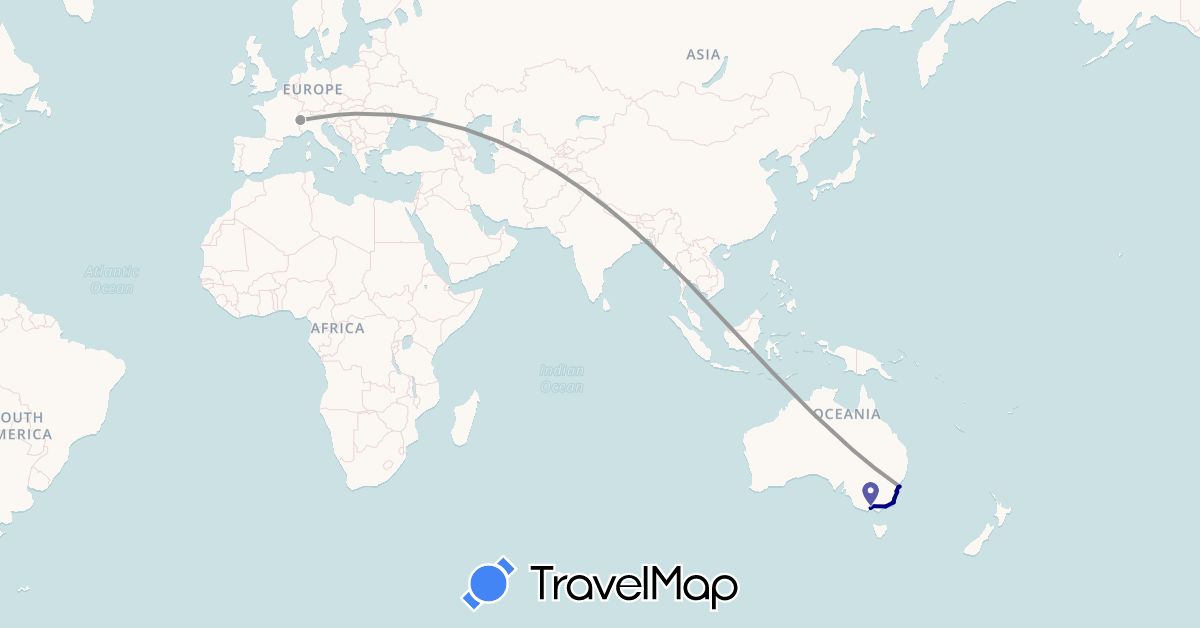 TravelMap itinerary: driving, plane in Australia, Switzerland (Europe, Oceania)